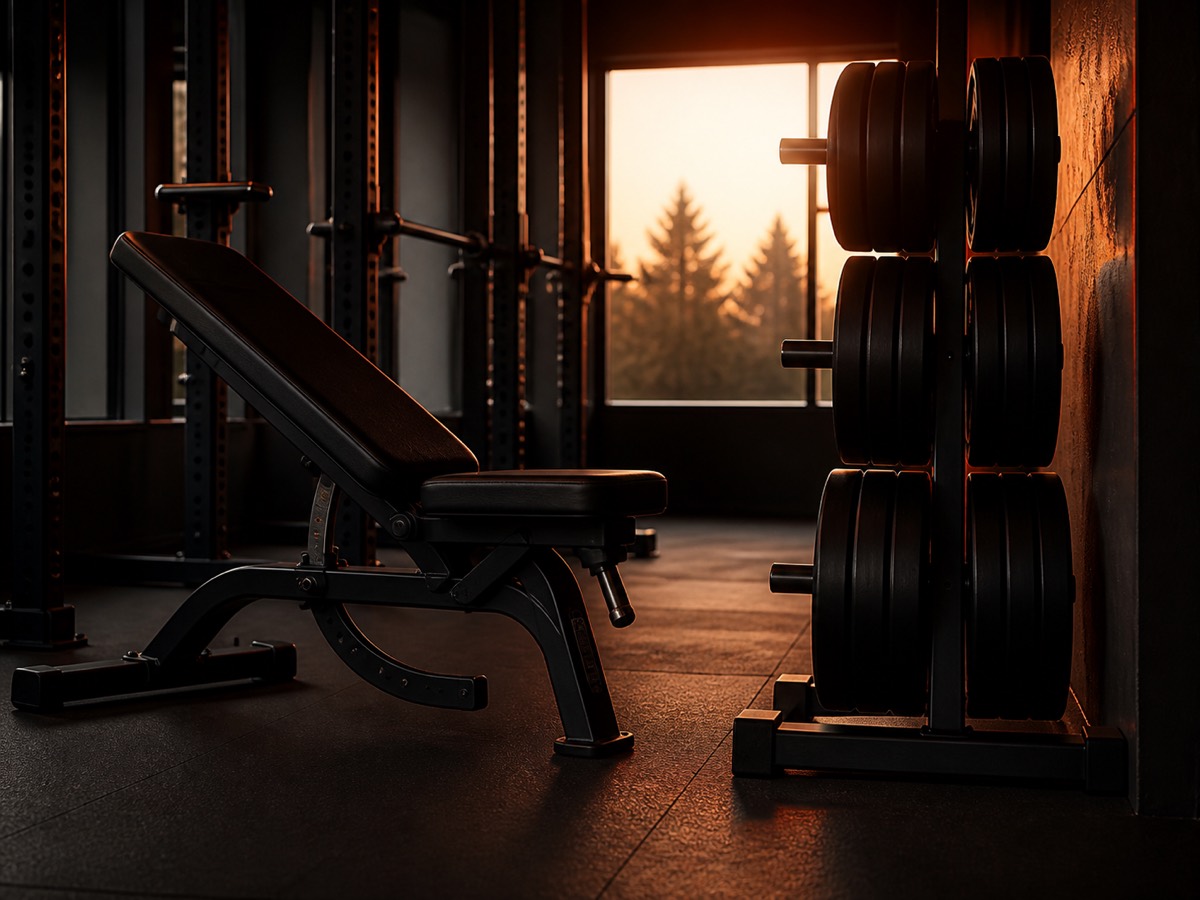 An empty weight room lit by early morning light